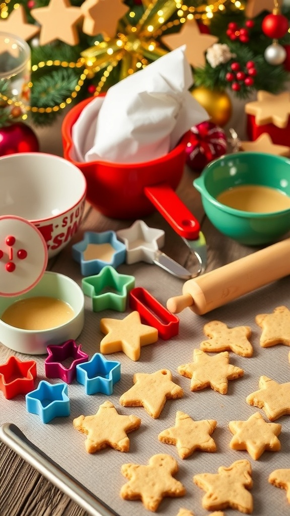 Essential Christmas Baking Utensils A collection of Christmas baking utensils including measuring cups, mixing bowls, cookie cutters, and baked cookies on a festive table.